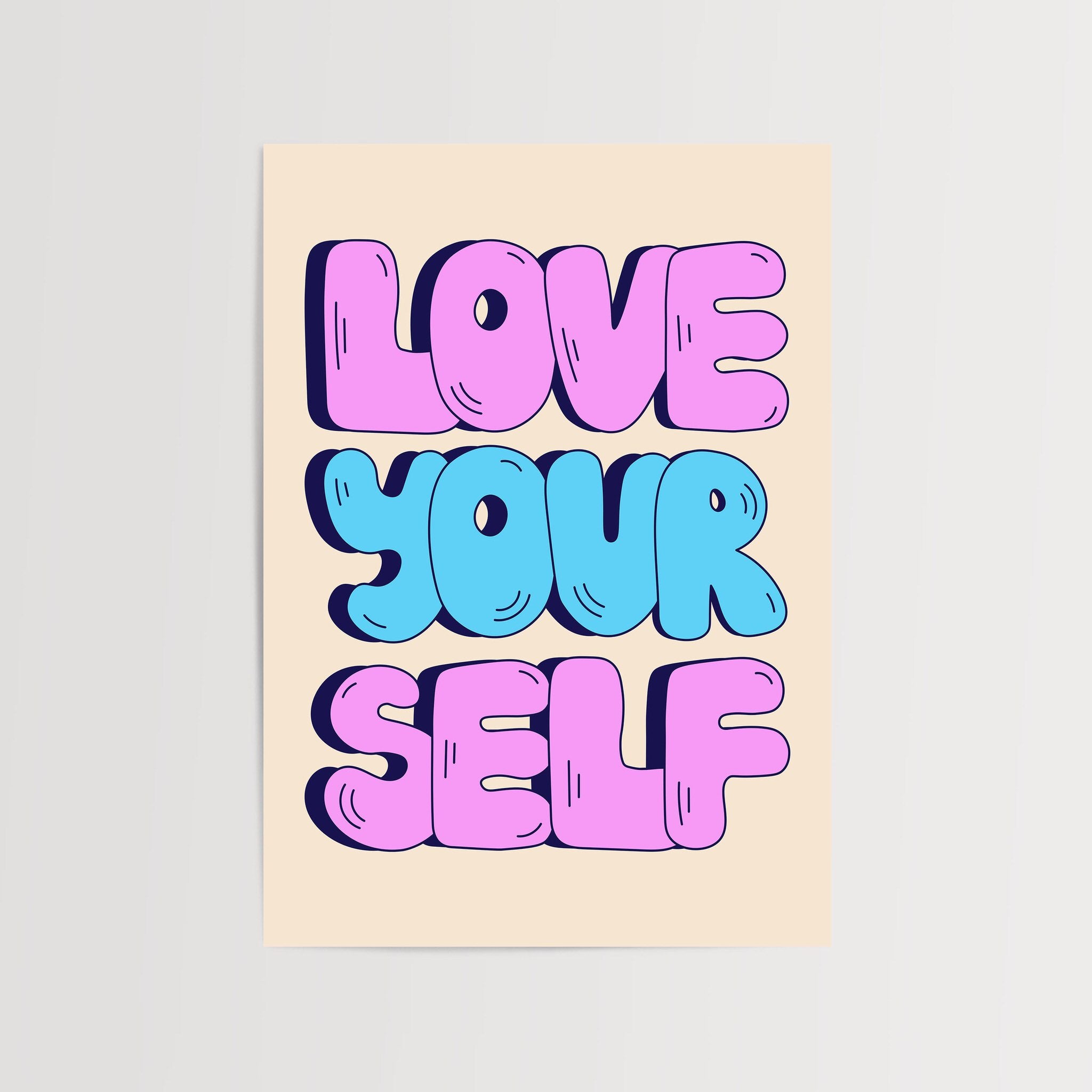 Love Yourself heart art print with bold typography