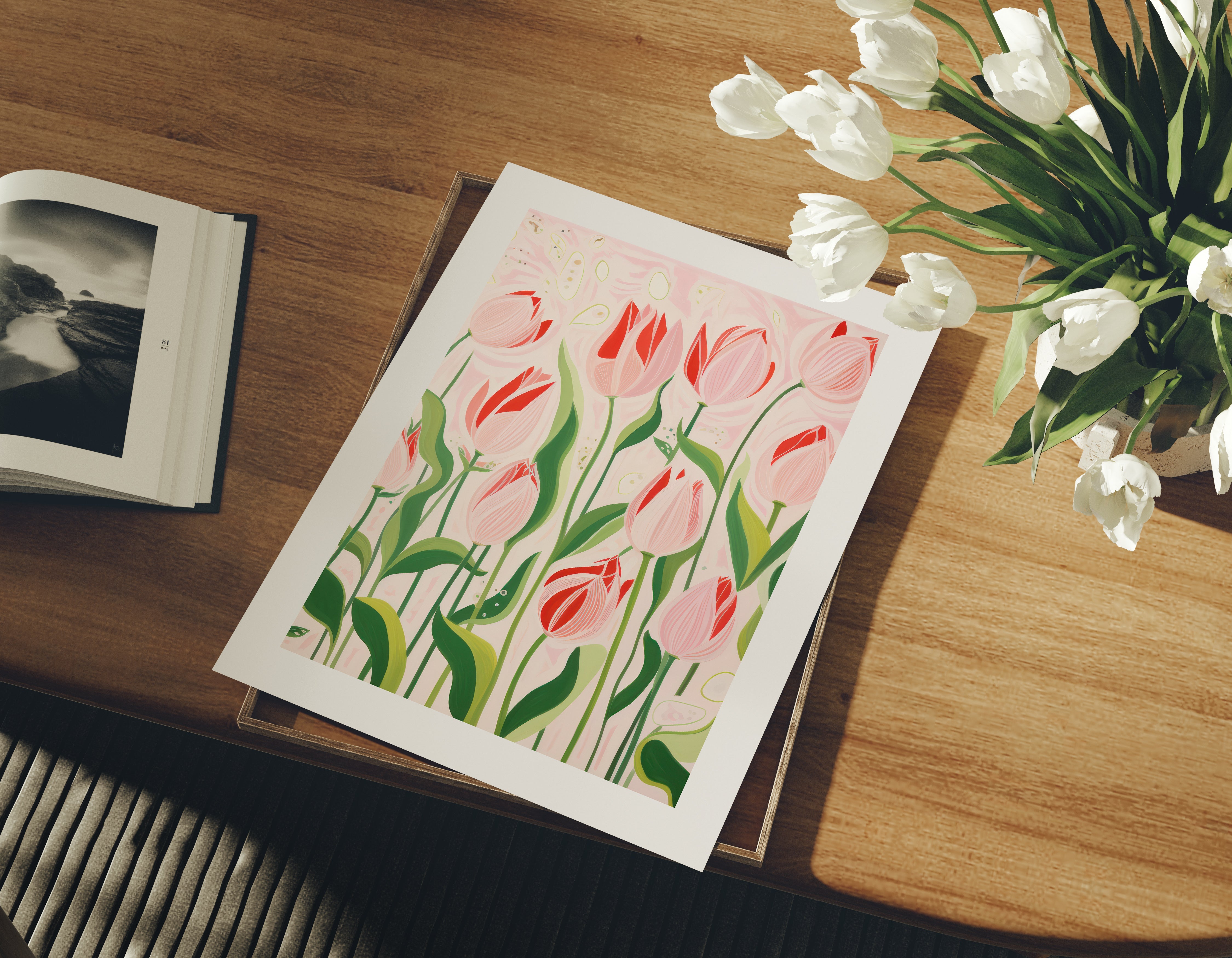 Pink and Green Tulips Painting The Poster Square