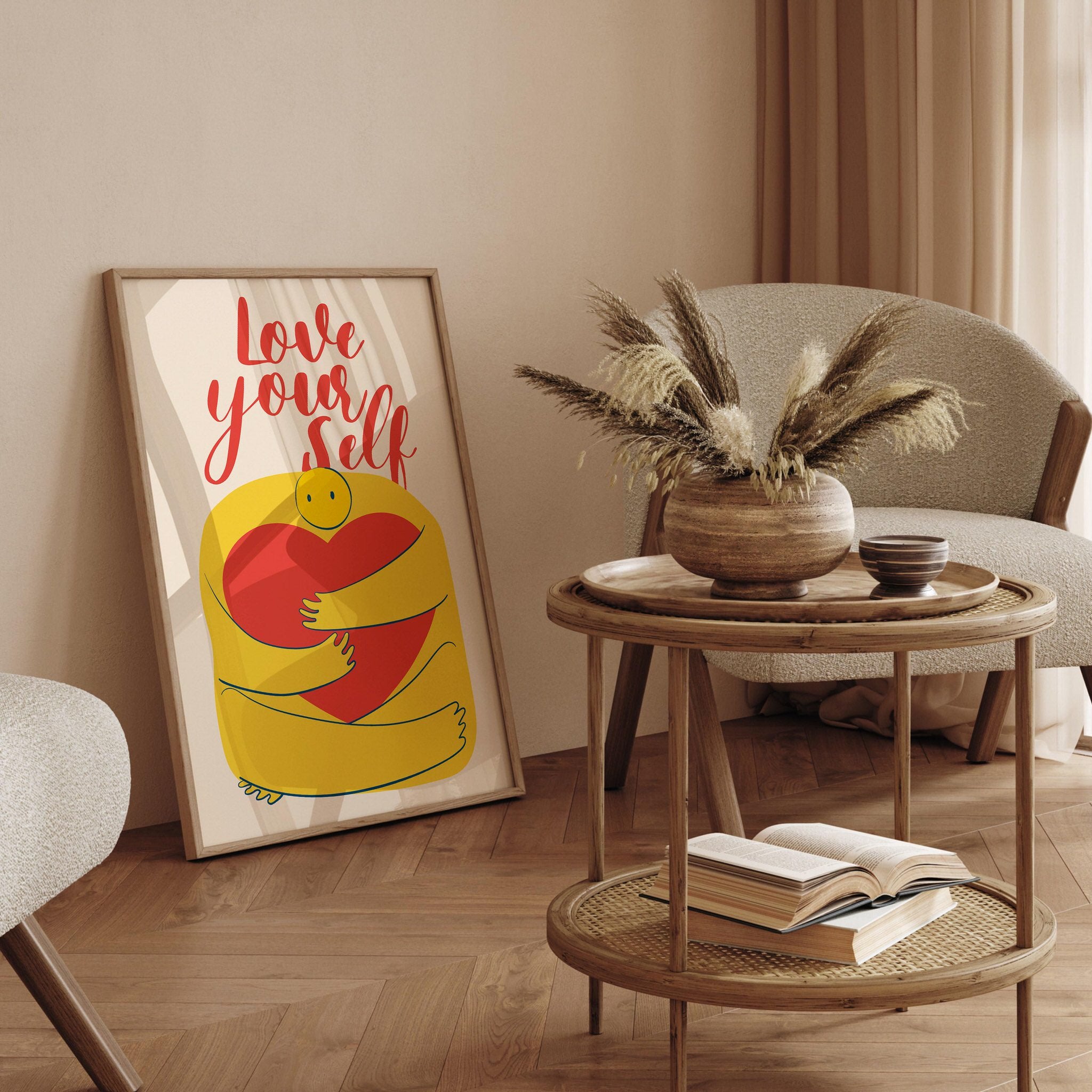 Inspirational self-love wall art poster with a yellow character and red heart.