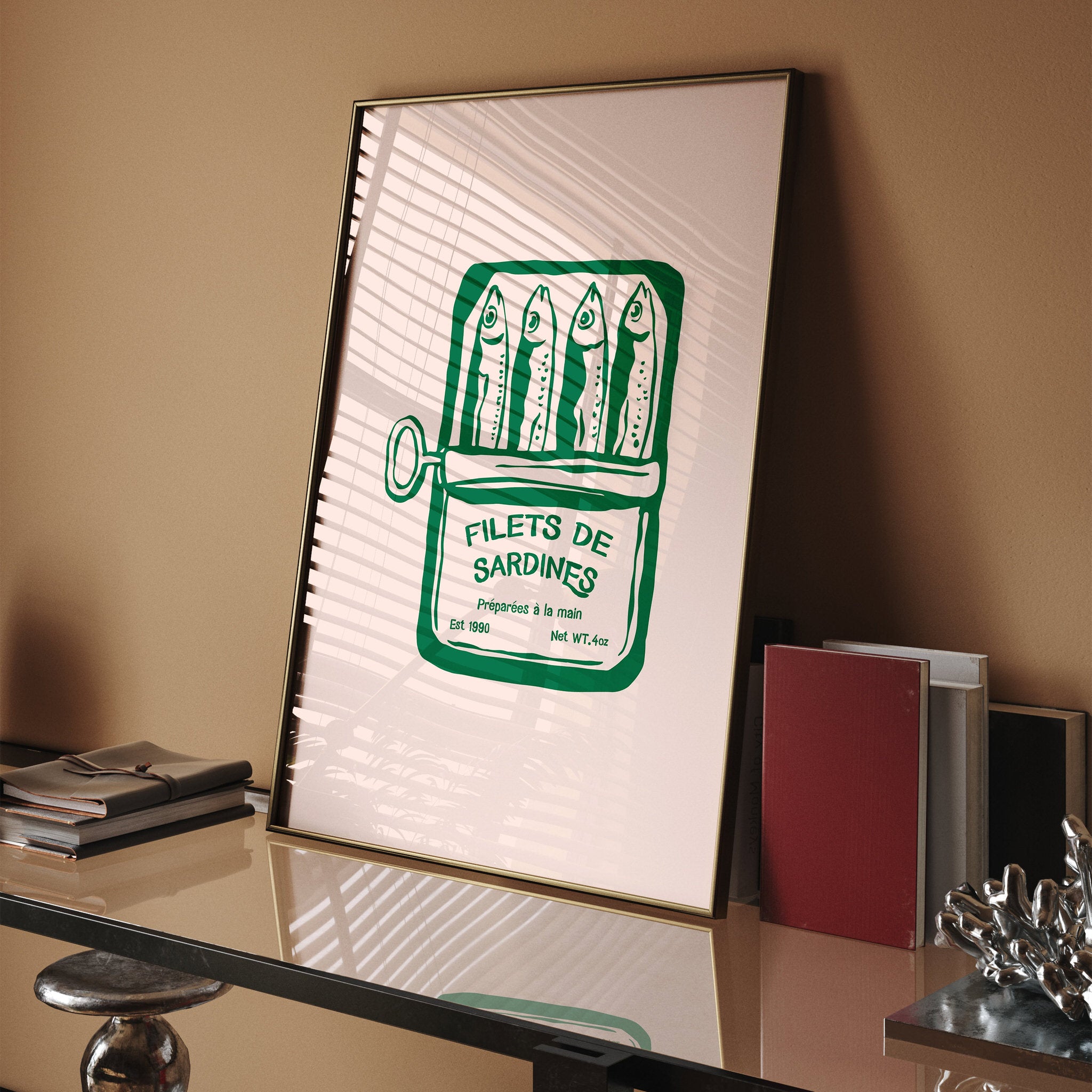 Quirky green sardine can poster with a minimalist design, perfect for adding a retro touch