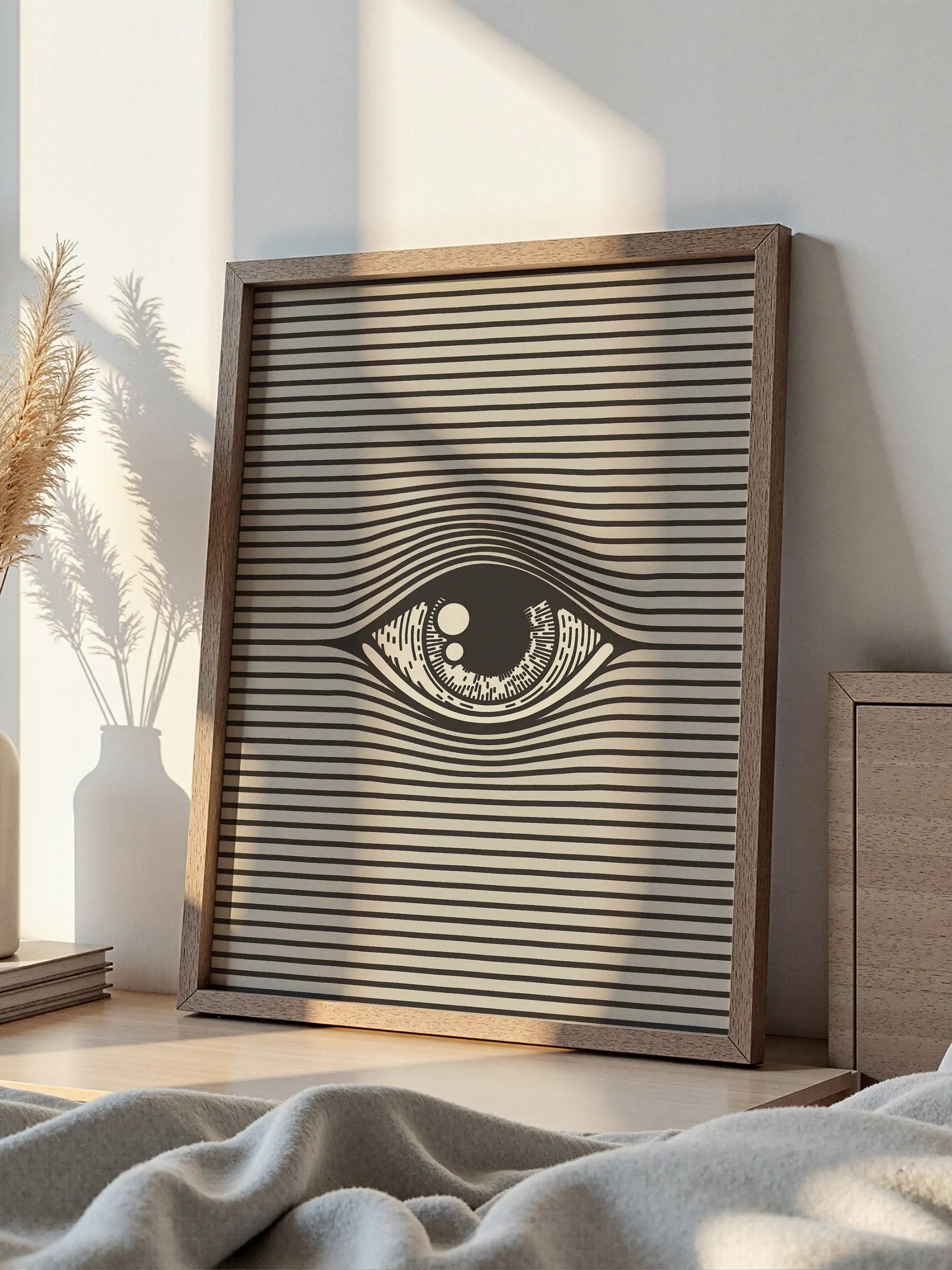 Abstract eye illustration with warped horizontal lines creating a striking optical illusion