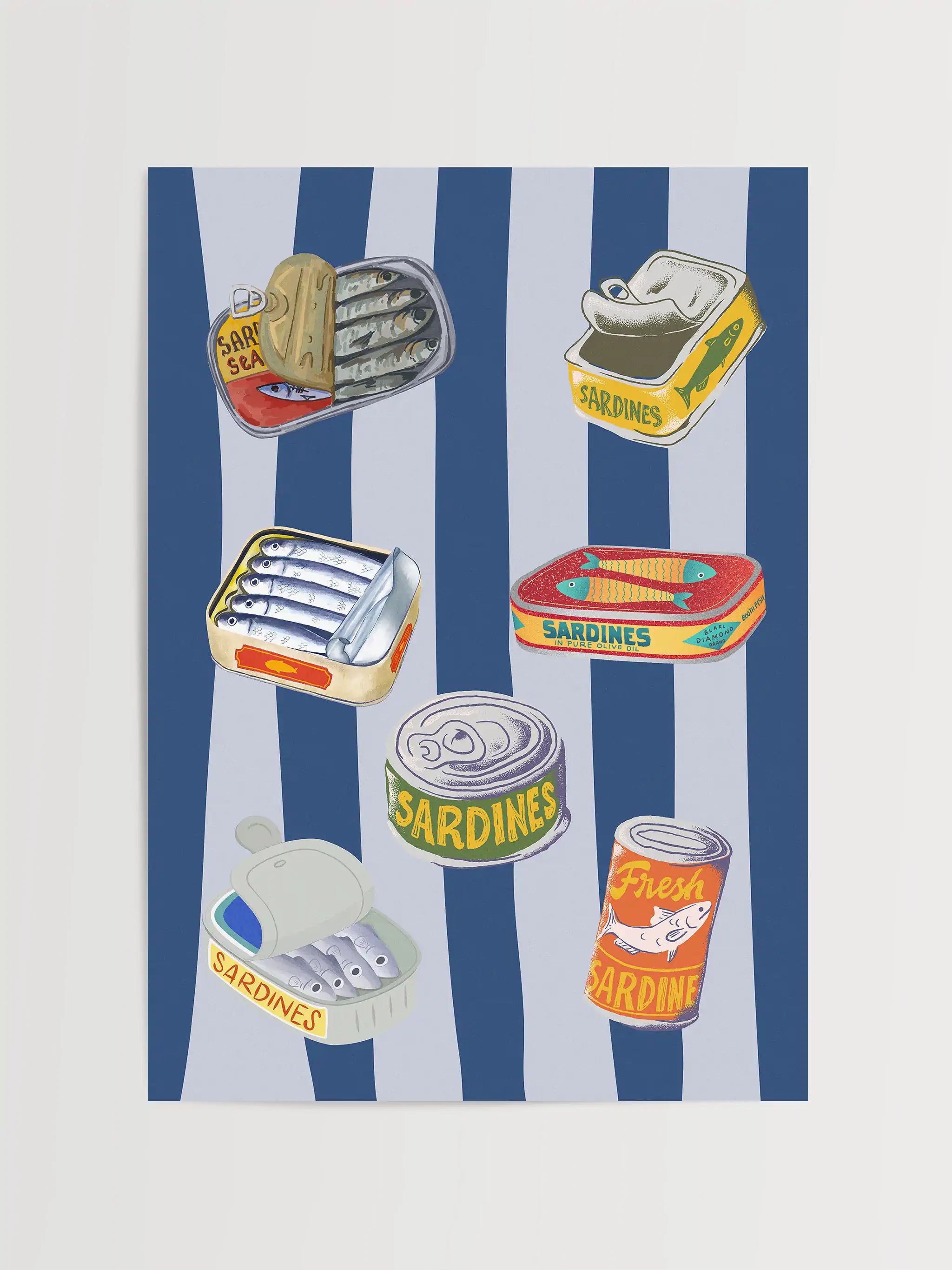 Illustrated poster featuring colorful sardine cans on a blue striped background
