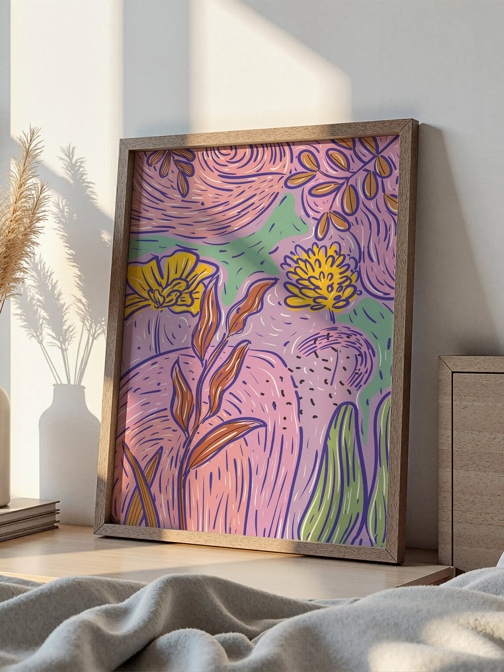 Playful and abstract floral illustration with rich hues and organic forms